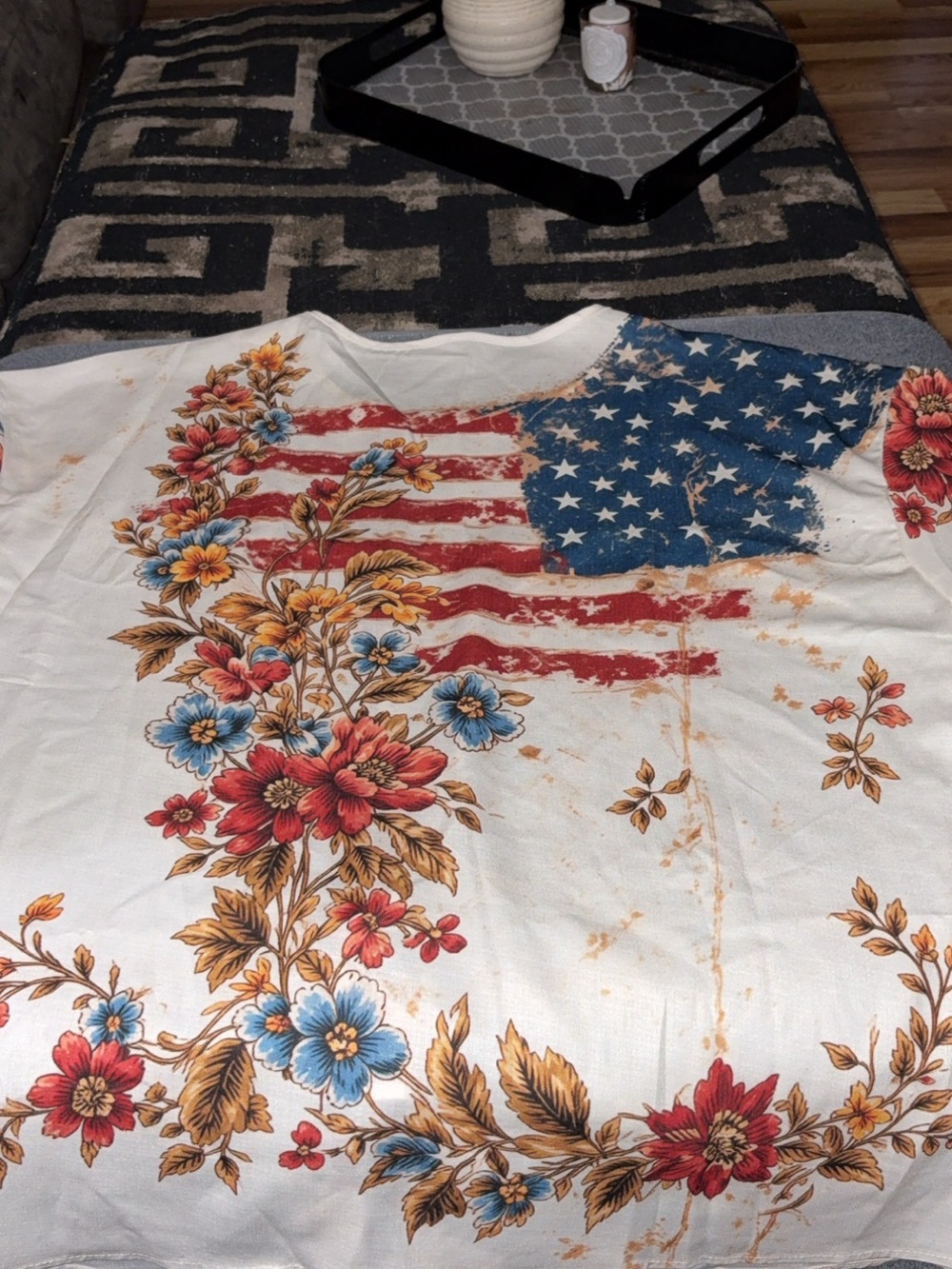 Patriotic Floral Graphic Wonens Top - White with Red & Blue flower blouse